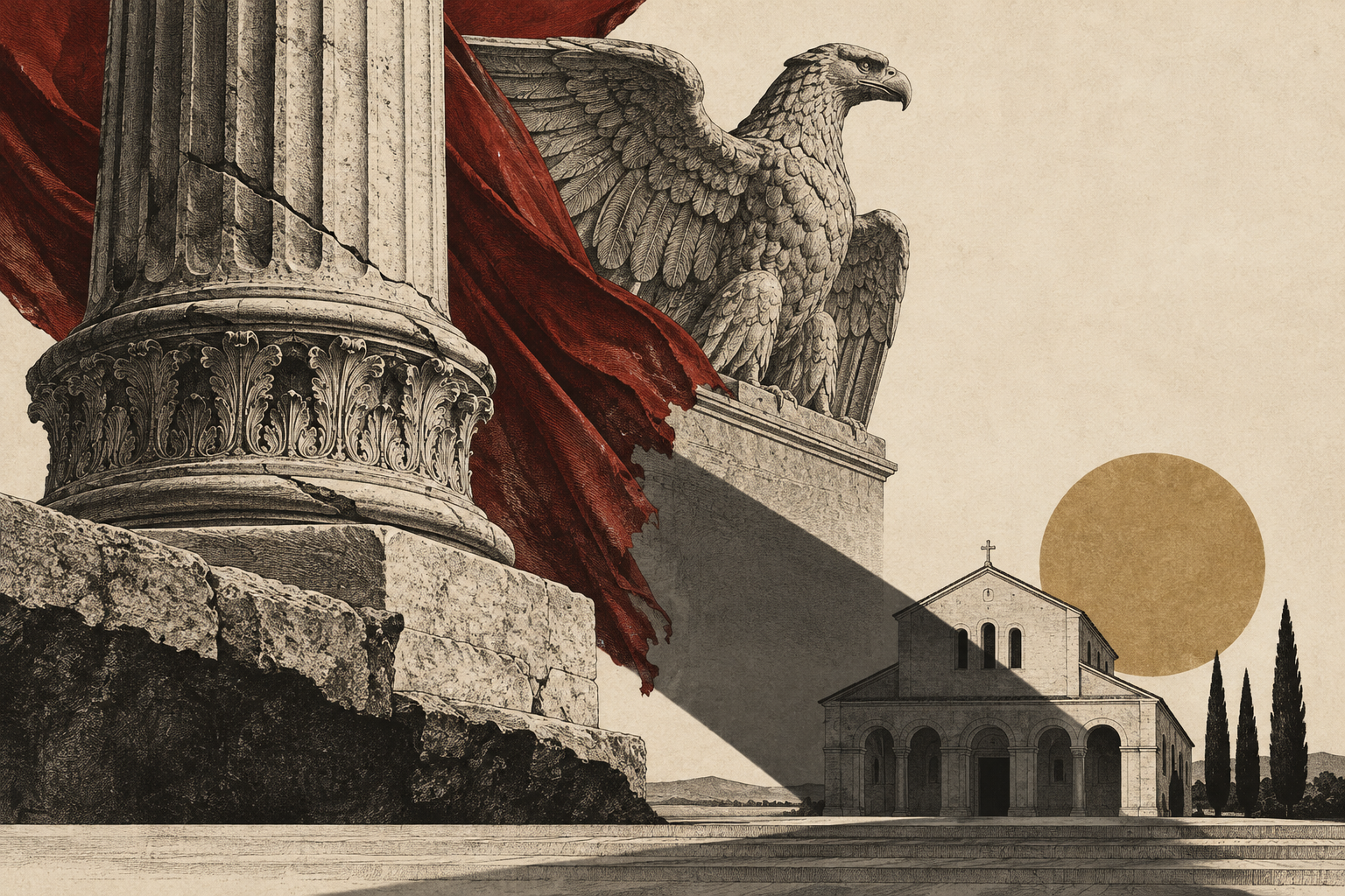 Conceptual illustration of imperial power overshadowing a church